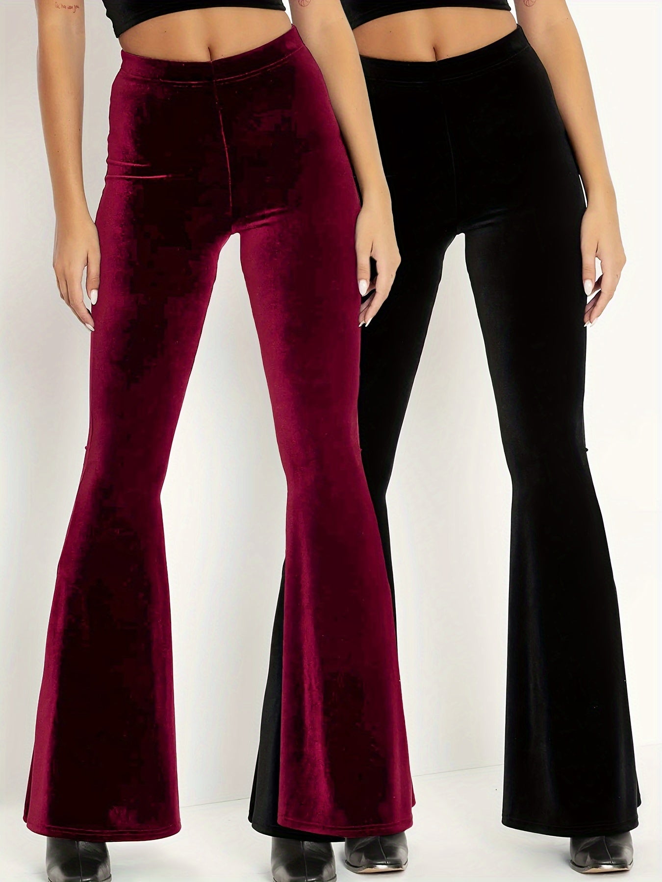 2pcs High Waist Velvet Pants Set for Women - Stretchy Polyester Knit Fabric, Black and Red, Flared Leggings, Fall/Winter Fashion - Daisan Mart