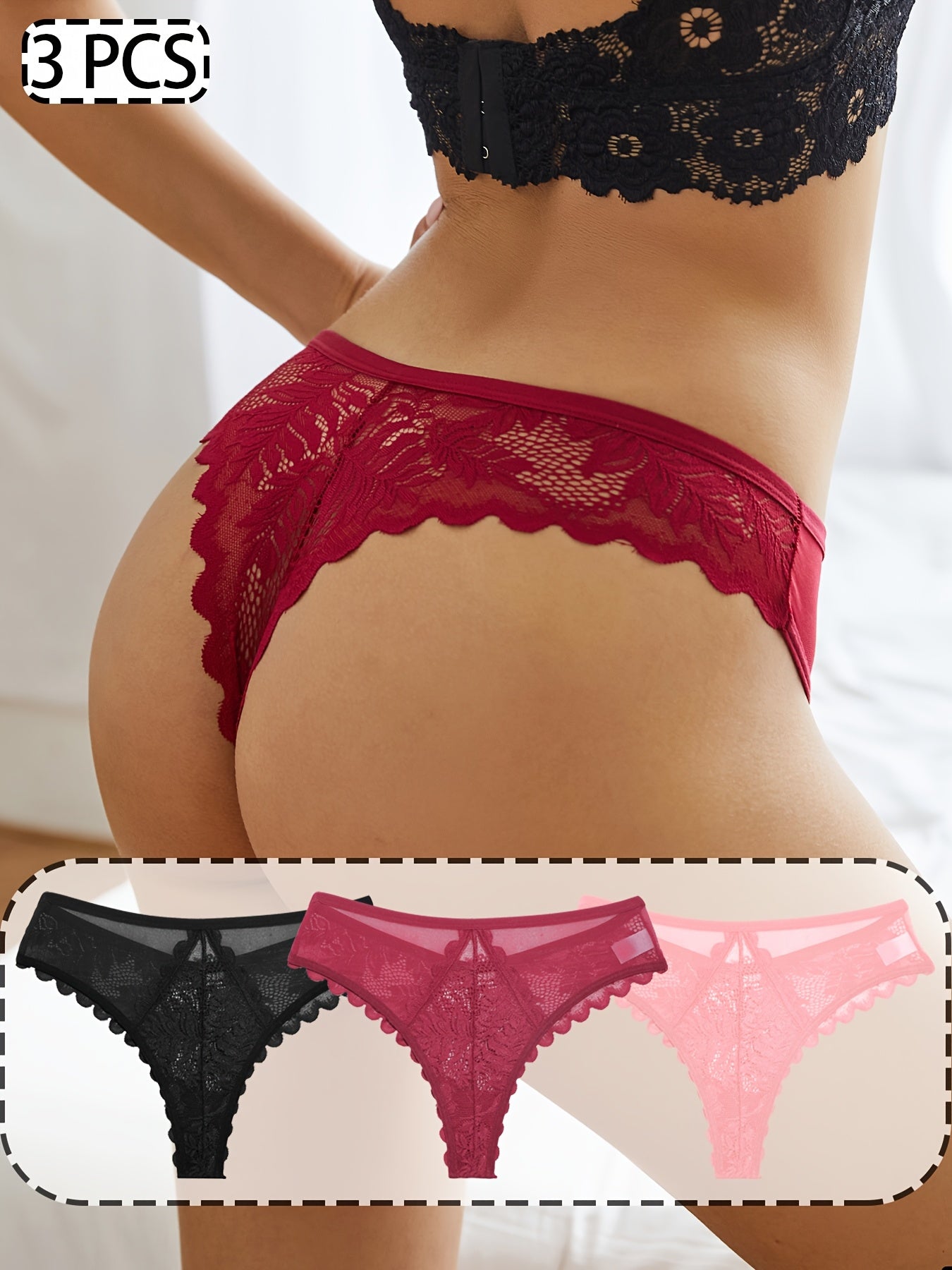 3pcs Women's Lace Trim Sexy Sheer Thong Set, Intimate Wear, Thong Collection, Feminine Lingerie, Elegant Thongs, Soft Lace, Comfortable Fit, Vstring Panties, Lowrise Underwear, Sensual Undergarments, Lingerie Lovers