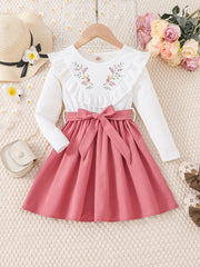 Baby Girl's Long Sleeve Floral Dress with Belt - Gentle Spring and Autumn