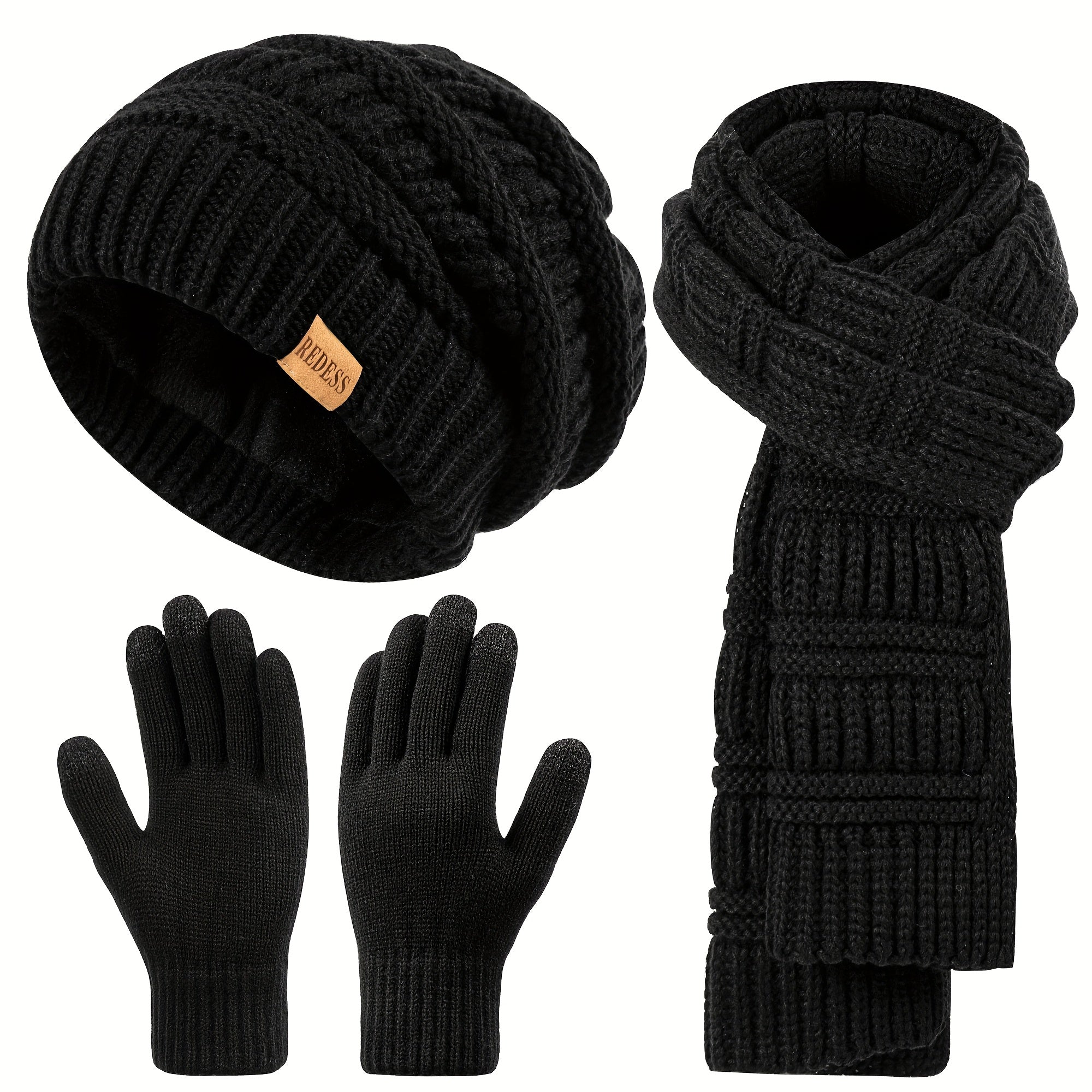 Women'S 3-in-1 Winter Set: Hat, Long Scarf & Touchscreen Gloves - Soft Warm Neck Warmer, Elastic Fit for Smartphones/Camera Use, Elegant Solid Color (/PinkRed/) - Christmas & Thanksgiving Gifts for Women, Durable & Versatile