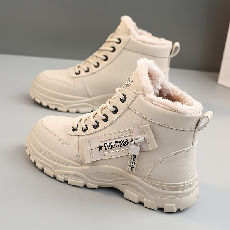 [Warm Fleece-Lined Winter Boots] Warm Fleece-Lined Women's Winter High-Top Boots - Thick Rubber Sole, Lace-Up Casual Style, White & Beige, Perfect for Cold Weather Comfort - Daisan Mart