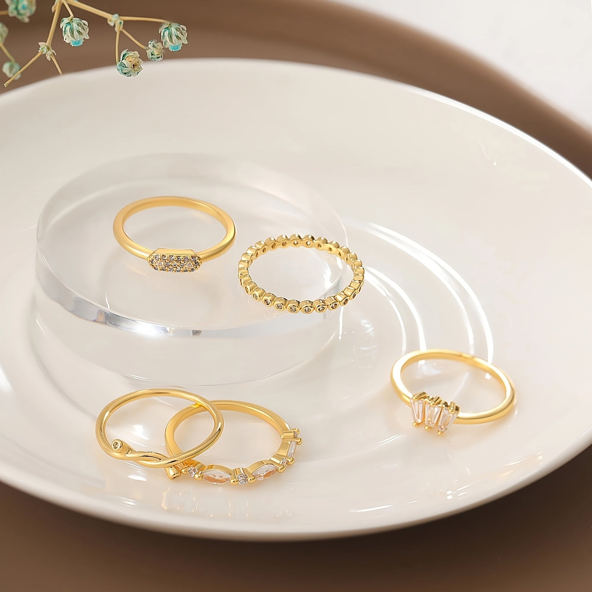Set of 5 Women's Gold Rings, Non-Tarnish, With Stones, Many Sizes
