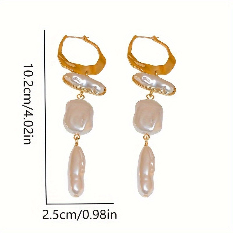 Vintage French-Style Elegant Irregular Imitation Pearl Tassel Hoop Earrings, Copper with Stainless Steel Ear Needle, Non-Plated, Versatile for Daily and Party Occasions - 1 Pair