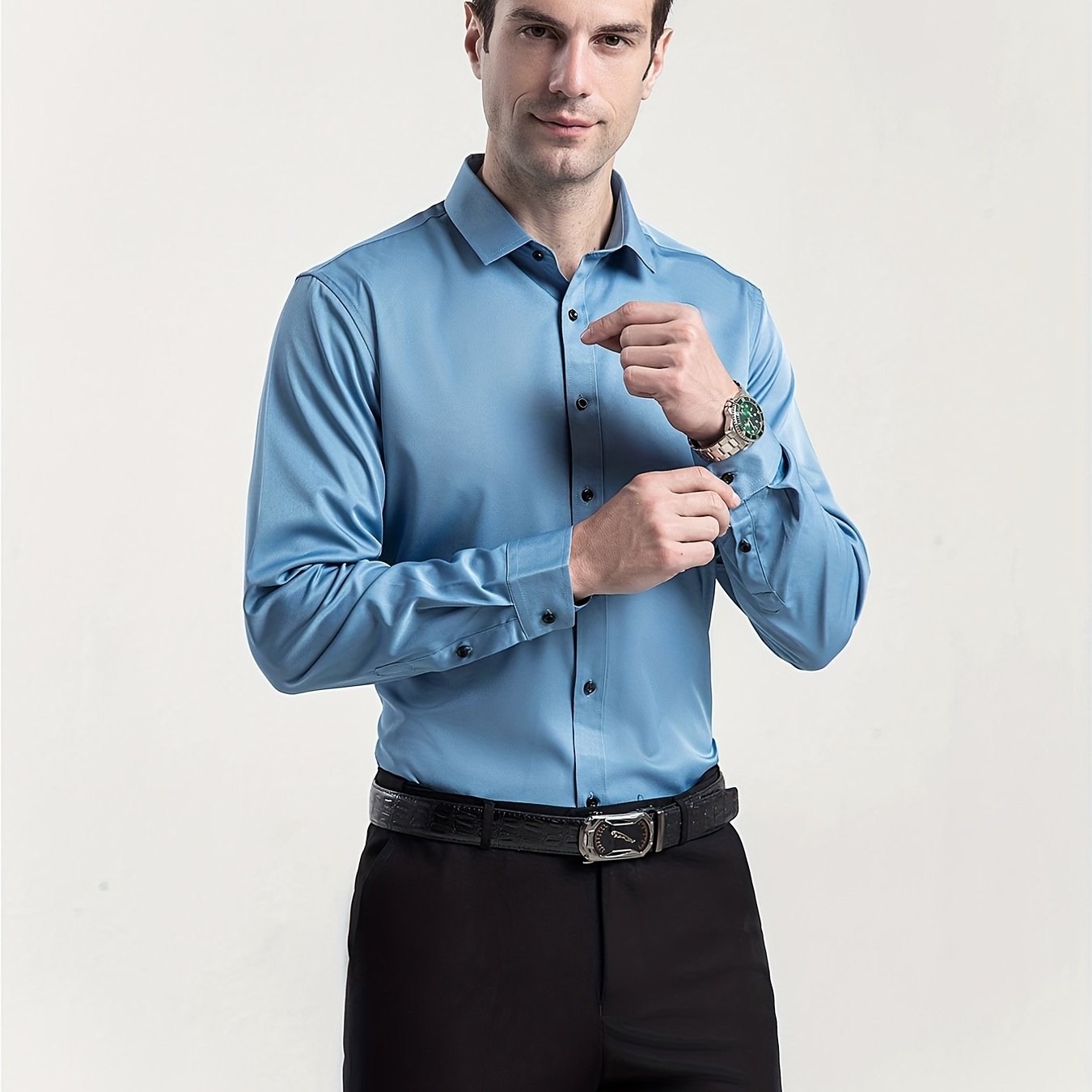 男士修身彈性正裝襯衫，輕薄商務翻領長袖襯衫，男士商務襯衫抗皺耐用純色正裝長袖襯衫，帶紐帶和口袋，適合工作、通勤、約會