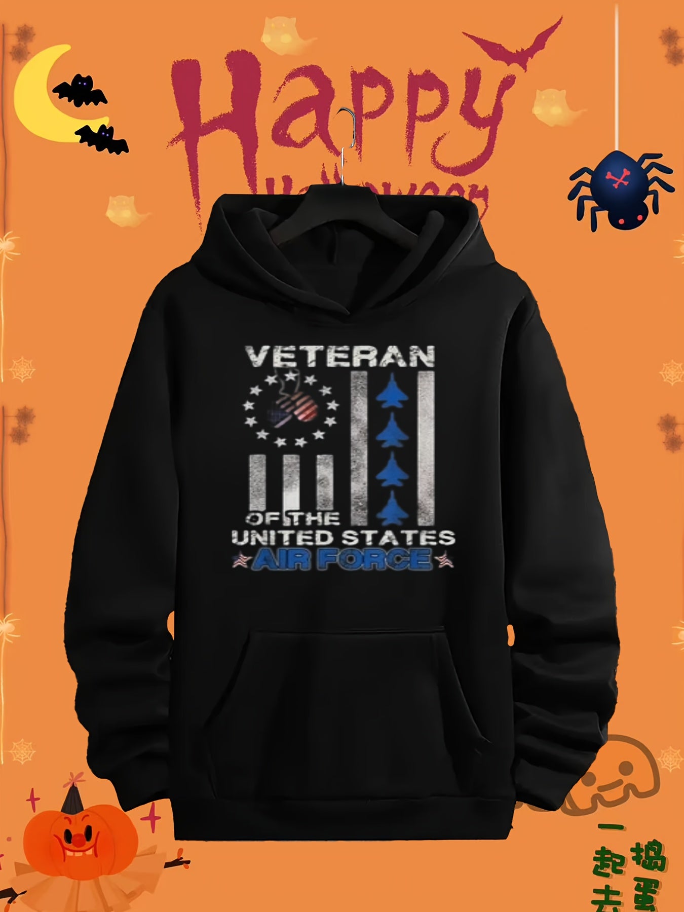 Áo hoodie đen in chữ "Veteran of the United States Air Force", nền cam, trang trí Halloween.