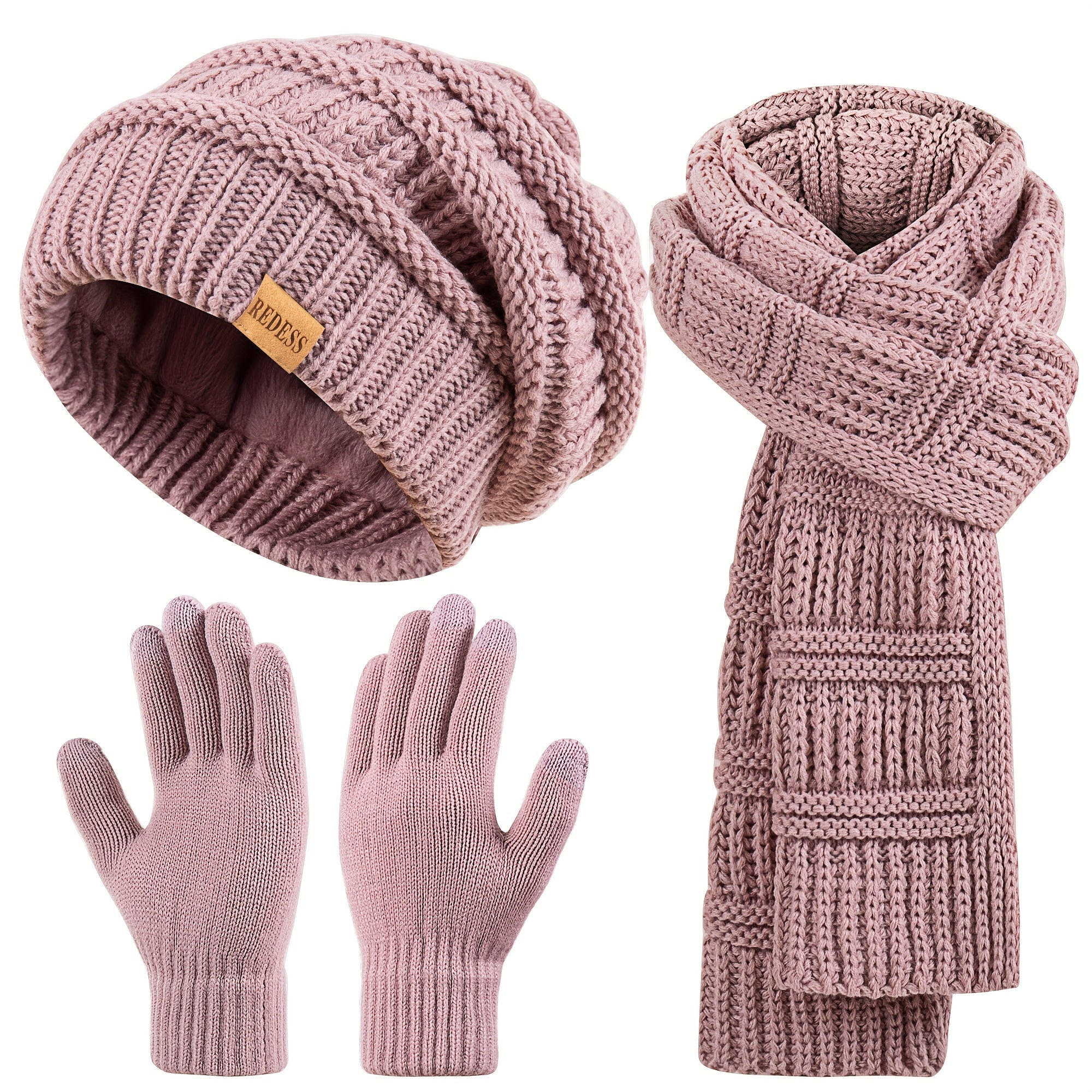 Women'S 3-in-1 Winter Set: Hat, Long Scarf & Touchscreen Gloves - Soft Warm Neck Warmer, Elastic Fit for Smartphones/Camera Use, Elegant Solid Color (/PinkRed/) - Christmas & Thanksgiving Gifts for Women, Durable & Versatile