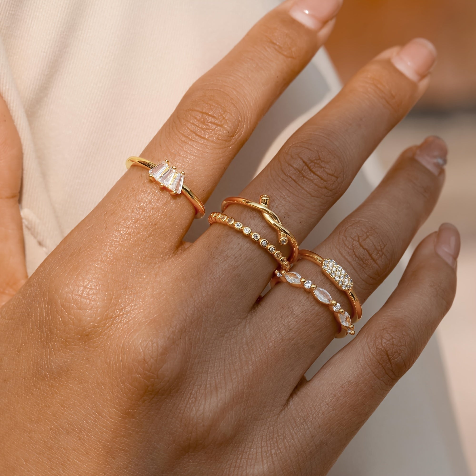 Set of 5 Women's Gold Rings, Non-Tarnish, With Stones, Many Sizes
