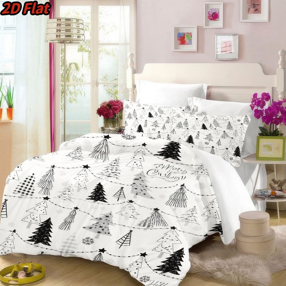 3pcs 2D Flat Christmas Tree Pattern Duvet Cover - Winter Holiday Themed Bedding, Black White Sketch Design, Soft Microfiber Fabric, Zippered Closure, Easy Care Washable Comforter for Bedroom Decor, All-Season 1100% polyester