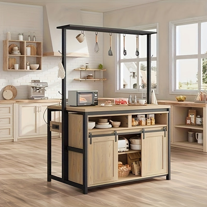 42 Multi-Function Kitchen Island with Sliding Door and 3-Tier Shelves