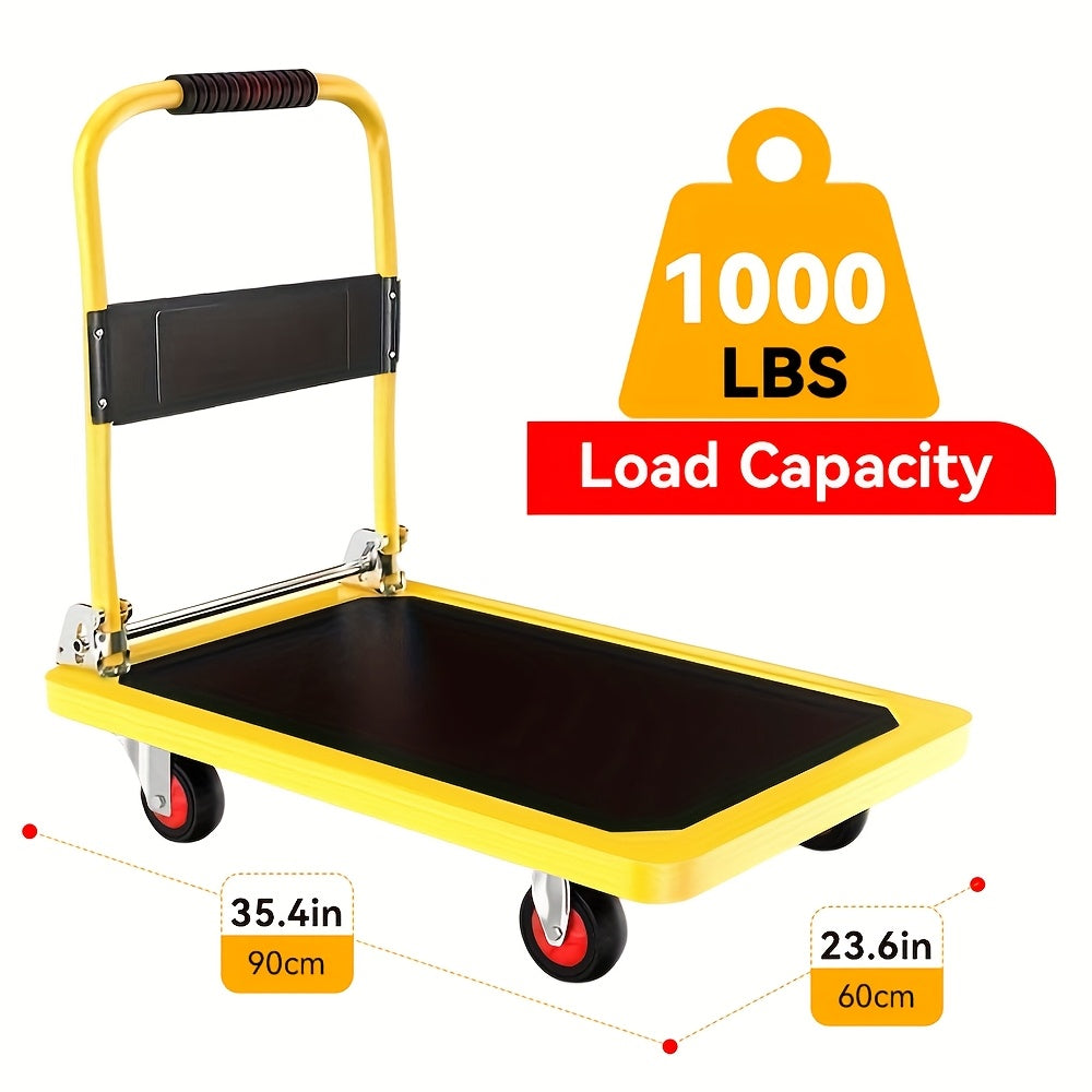 A Foldable Platform Hand Truck With High Load-bearing Capacity, Crafted From Carbon Steel, Features Two 360° Silent Swivel Wheels And Two Fixed Silent Wheels For Easy Transportation Of Boxes, Furniture, And Appliances. Ideal