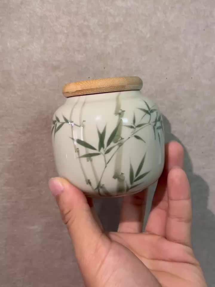 [High-Grade Pu'Er Green Tea Jar] Emerald Green Asparagus Fern Tea Jar Sealed Jar Ceramic Tea Container Moisture-Proof Chinese High-Grade Pu'Er Green Tea Warehouse