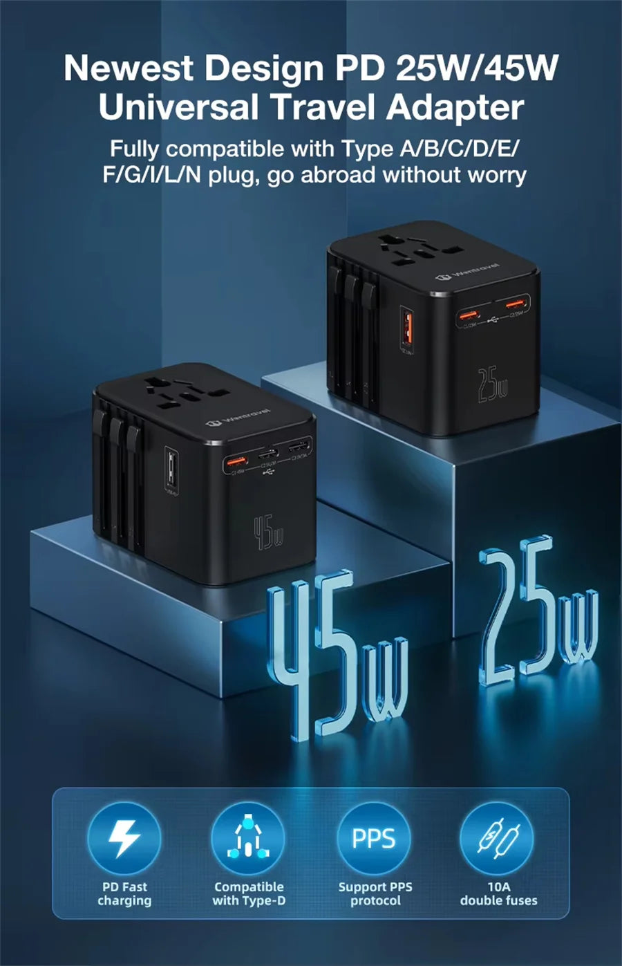 JINGMIN Bộ Chuyển Đổi Du Lịch Đa Năng 4 Cổng AC 2 USB-C - Daisan Mart