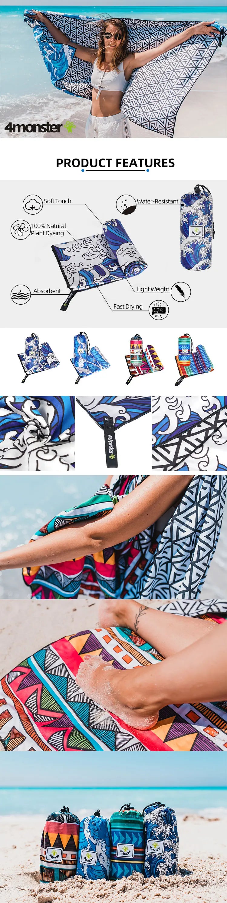Microfiber Beach Towel Quick Dry,Super Absorbent Lightweight Travel Towel for Swimmers, Sand Free Camping Towel, Beach Towels - Daisan Mart