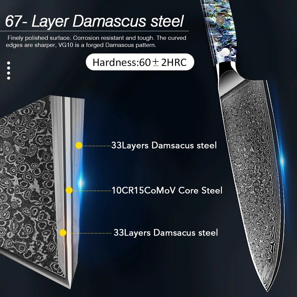 Dao Bếp Damascus VG10 67 Lớp Tay Cầm Vỏ Bào Ngư