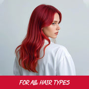 Cô gái tóc đỏ rực mượt mà trong áo trắng, nền xám nhạt, dòng chữ "FOR ALL HAIR TYPES".