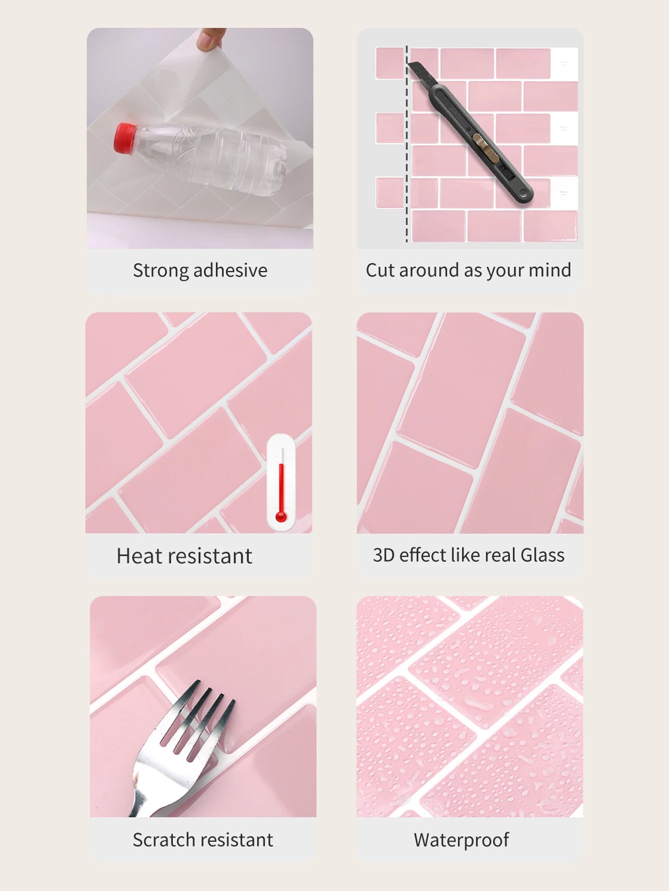 5PCS 3D Wall Tile Stickers Kitchen Backsplash Waterproof Heat Resistant Wallpaper 12x12 Inch Strong Adhesive for Home Decoration