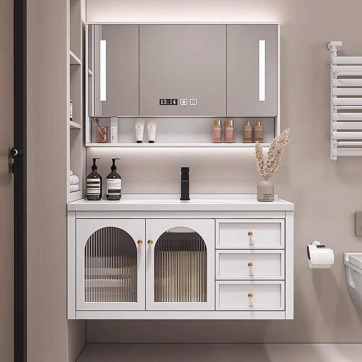 European ceramic modern wall mounted bathroom cabinet with makeup mirror, wash basin, bathroom storage furniture 