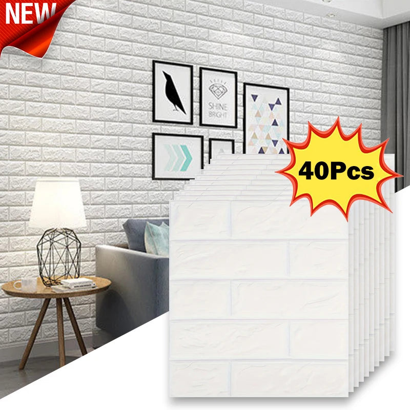 Tấm dán tường 3D màu trắng, 40 miếng, cạnh sofa và đèn bàn, tường trang trí tranh.