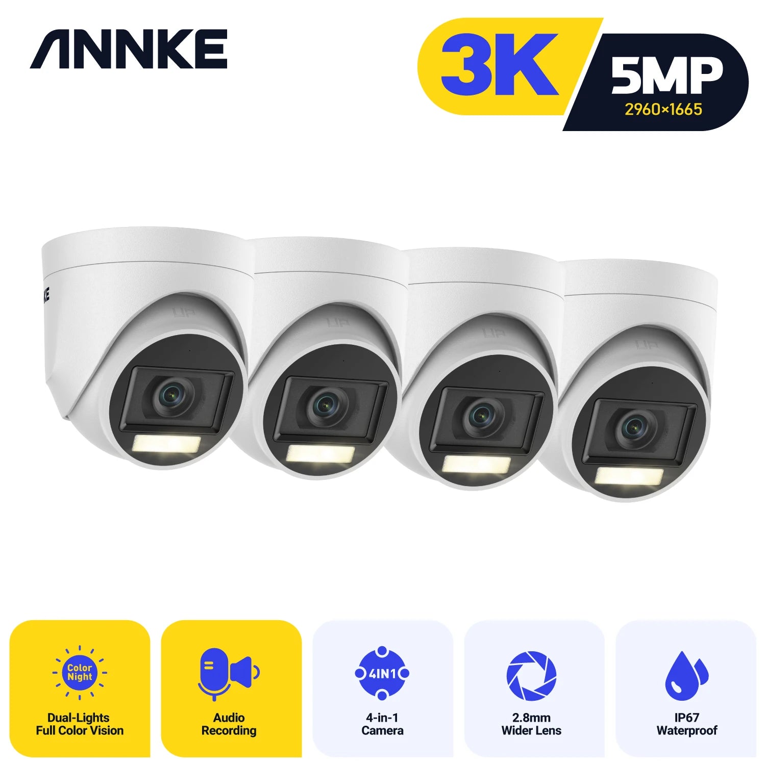 US Stock ANNKE 3K 5MP TVI Analog CCTV Camera 4PCS Kit with Audio Smart Dual Light Color Night Vision Indoor Outdoor