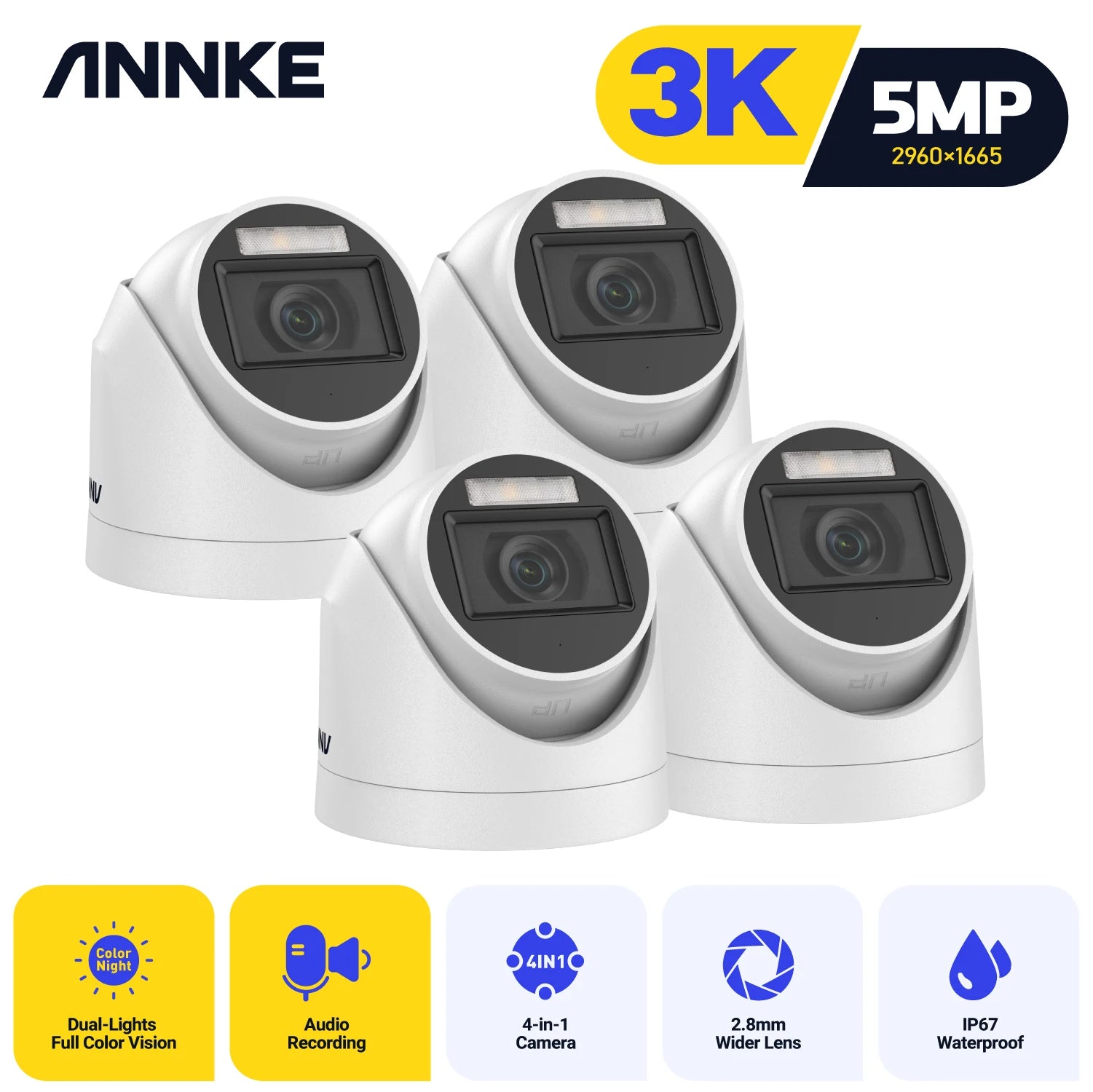 US Stock ANNKE 3K 5MP TVI Analog CCTV Camera 4PCS Kit with Audio Smart Dual Light Color Night Vision Indoor Outdoor
