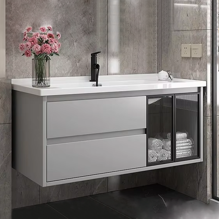 Aluminum wall mounted washbasin cabinet with LED light, anti-fog mirror 