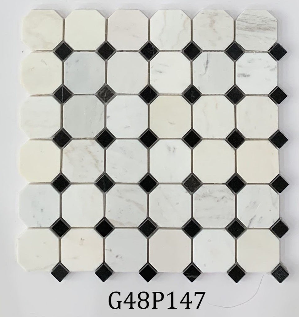 Milky white and black corner cut mosaic stone G48P147