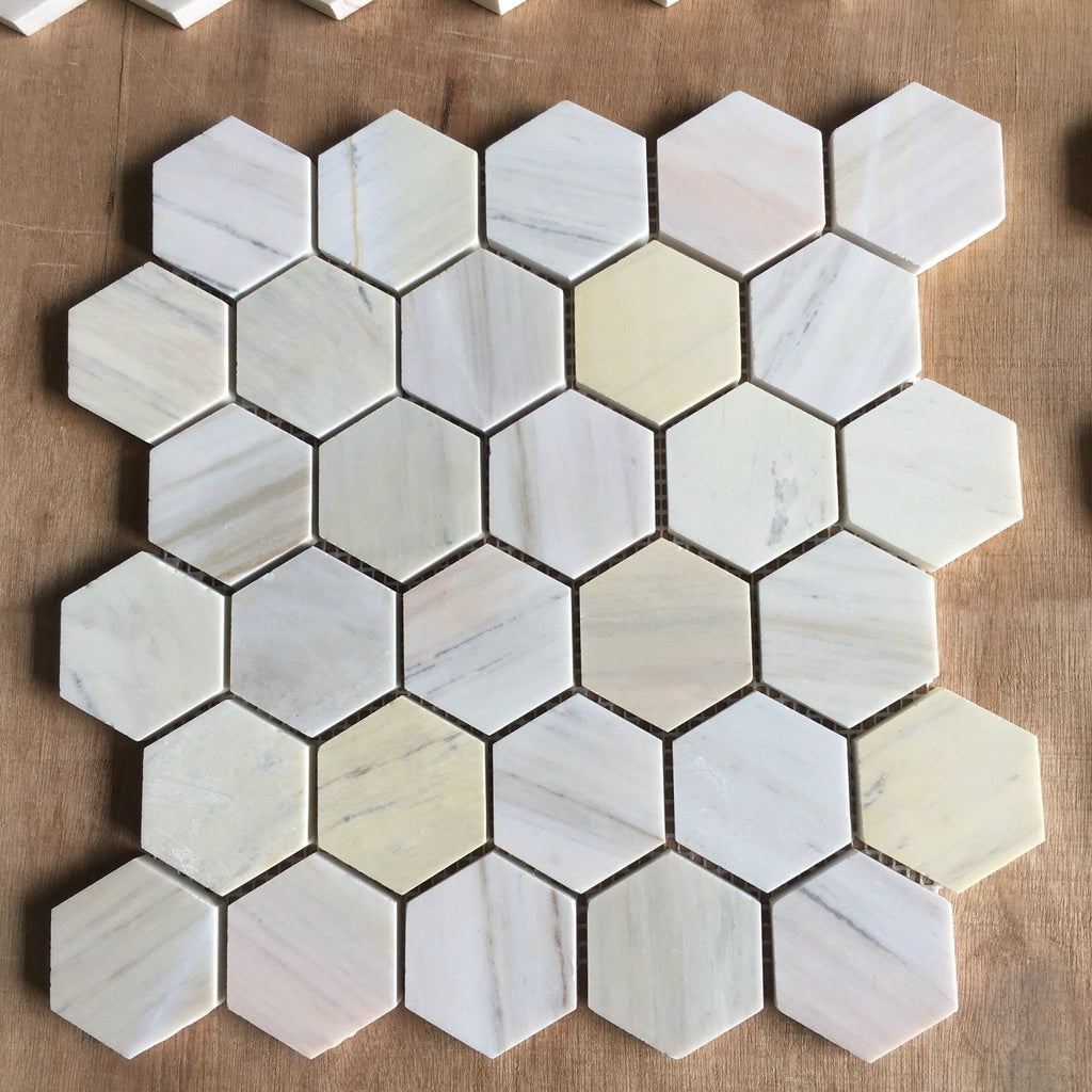 Hexagonal gold chip polished mosaic stone L53P002