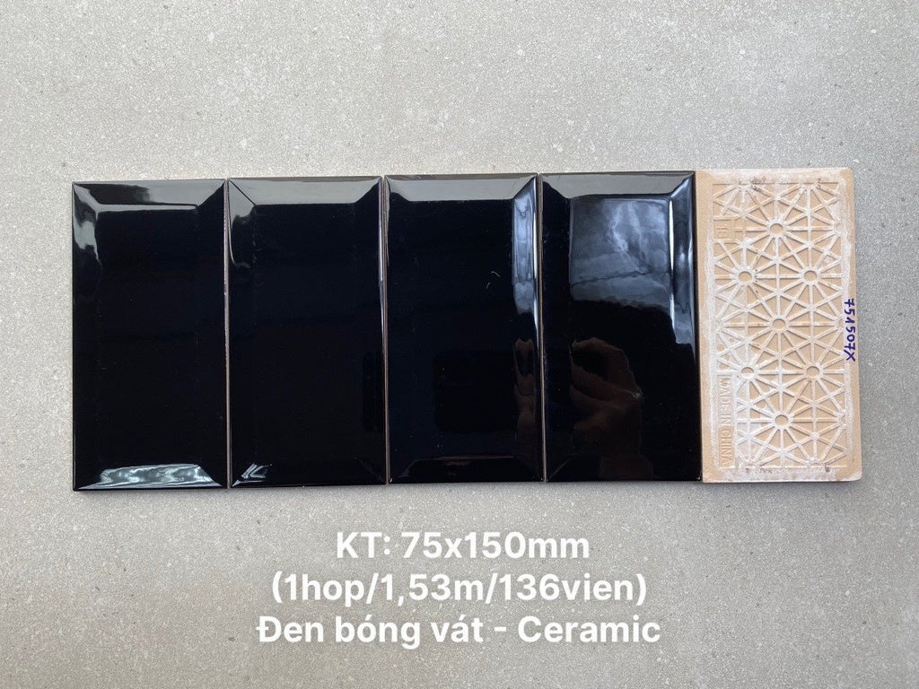 Black glossy beveled tile, size 75x150mm M751507X