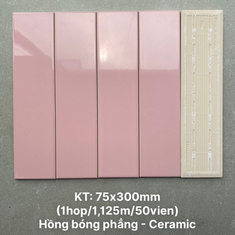 High-quality flat glossy pink tile, size 75x300mm PSTA75316