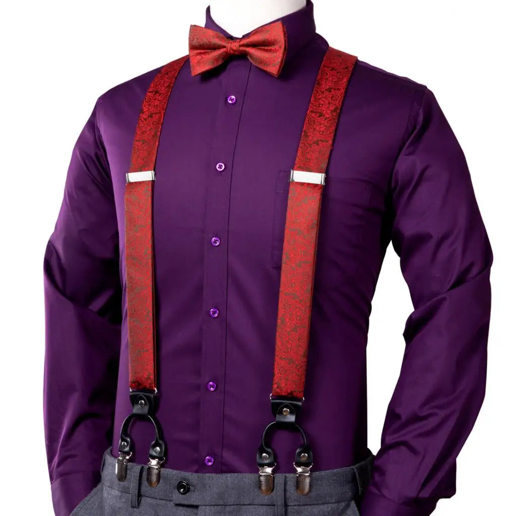 高品質男士紅色花朵絲綢皮革蝴蝶結及皮帶套裝，含6個夾子