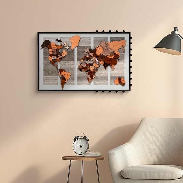 JZ Large Modern 3D Wood Carving World Map Home Decor Multimedia Art Artwork Handmade Abstract Painting Kitchen Wall Decor 