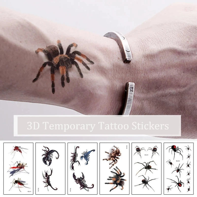 3D Spider Tattoo Scorpion Temporary Tattoo Stickers For Halloween Fake Tatto Body Art Tatuajes Joke Tatouage Temporaire