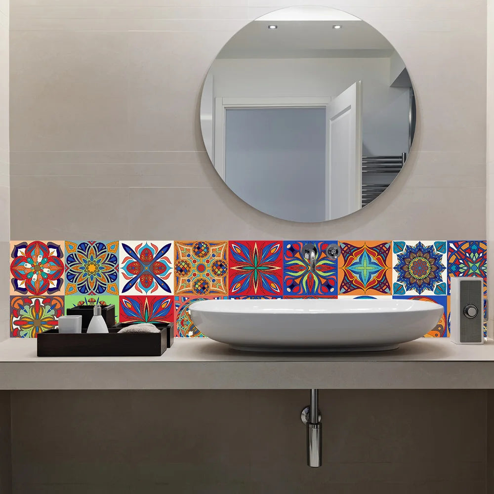Colorful Mandala Style Strip Tiles Wall Sticker Kitchen Wardrobe Bathroom Waterproof Wallpaper Peel &amp; Stick Art Wall Decals