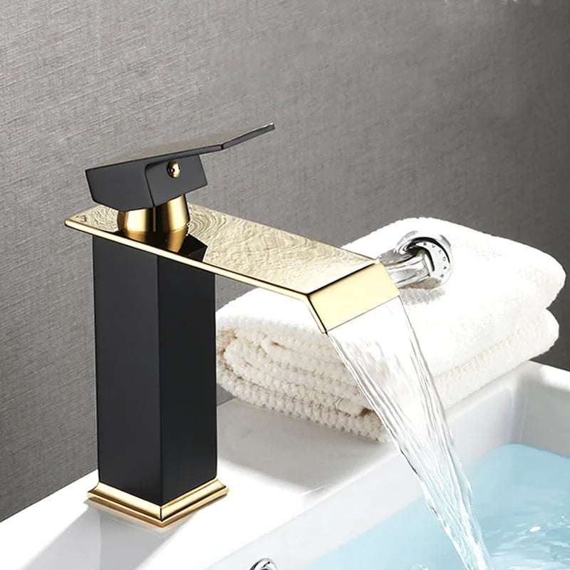 Basin Faucet Gold and Black Waterfall Faucet Brass Bathroom Wash Basin Mixer Tap Hot and Cold Water Vanity Vessel Sink Faucets - Daisan Mart