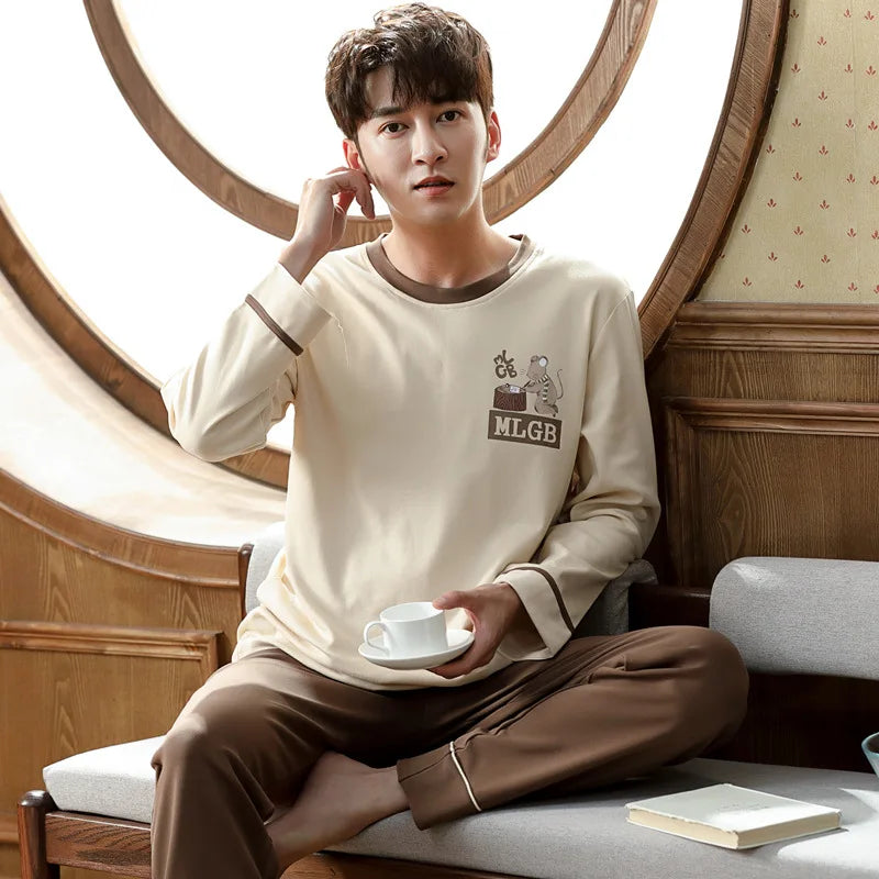 Men's Autumn Winter Cartoon Warm Striped Pajama Set