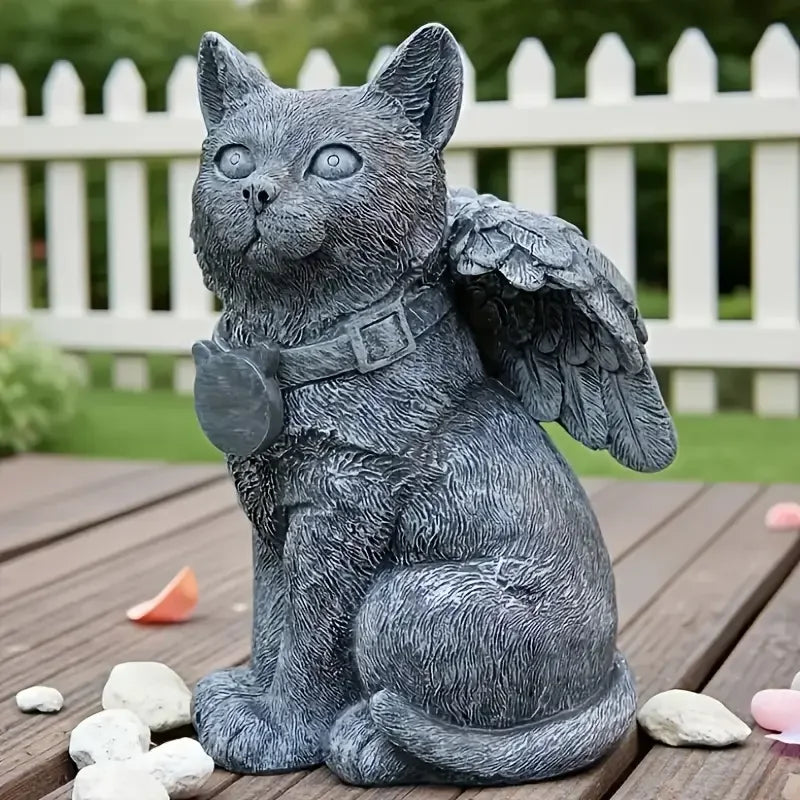 Angel Winged Cat Resin Statue Adorned Wood Figurine for Garden & Memorial Display Animal Model & Christmas Plaque - Daisan Mart