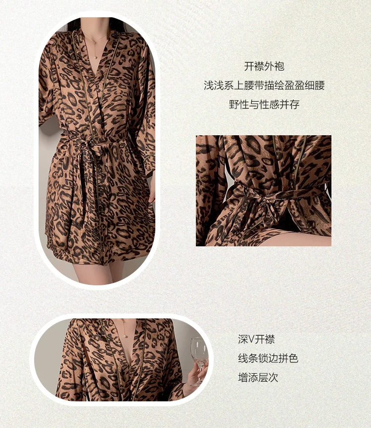 High-end 2-Piece Backless Leopard Print Cold Silk Nightgown