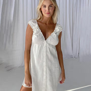 White cotton short nightgown with V-neck and ruffles 2024