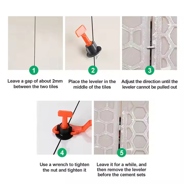 Reusable plastic T-type tile leveling system with special tightening tool 