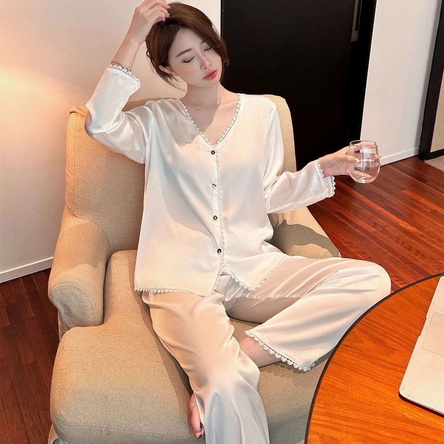 Women's Satin Silk Pajamas Set with Sexy V-Neck Long Sleeves