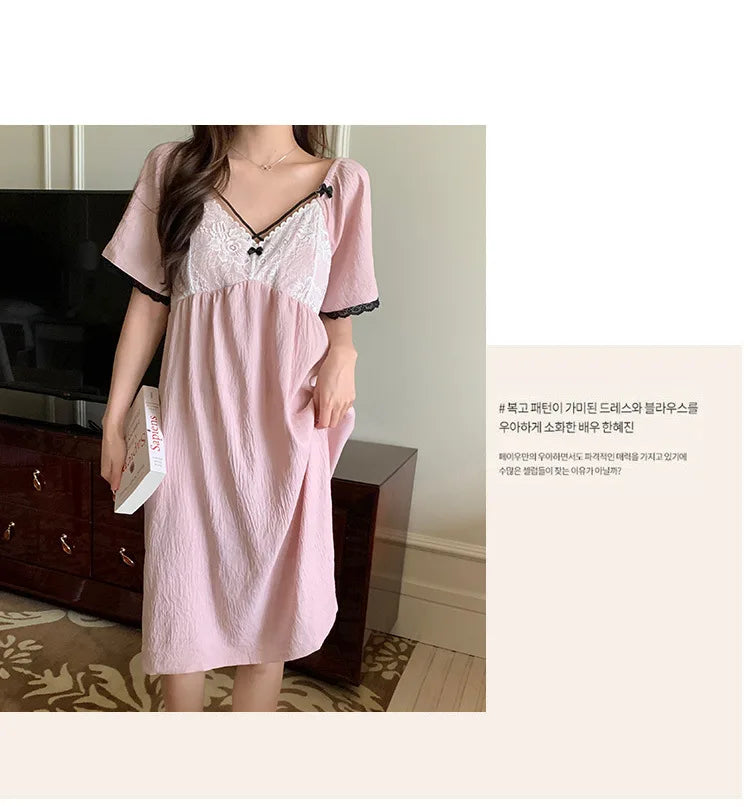 SAMWESTART cool cotton silk nightgown with lace bow and short sleeves