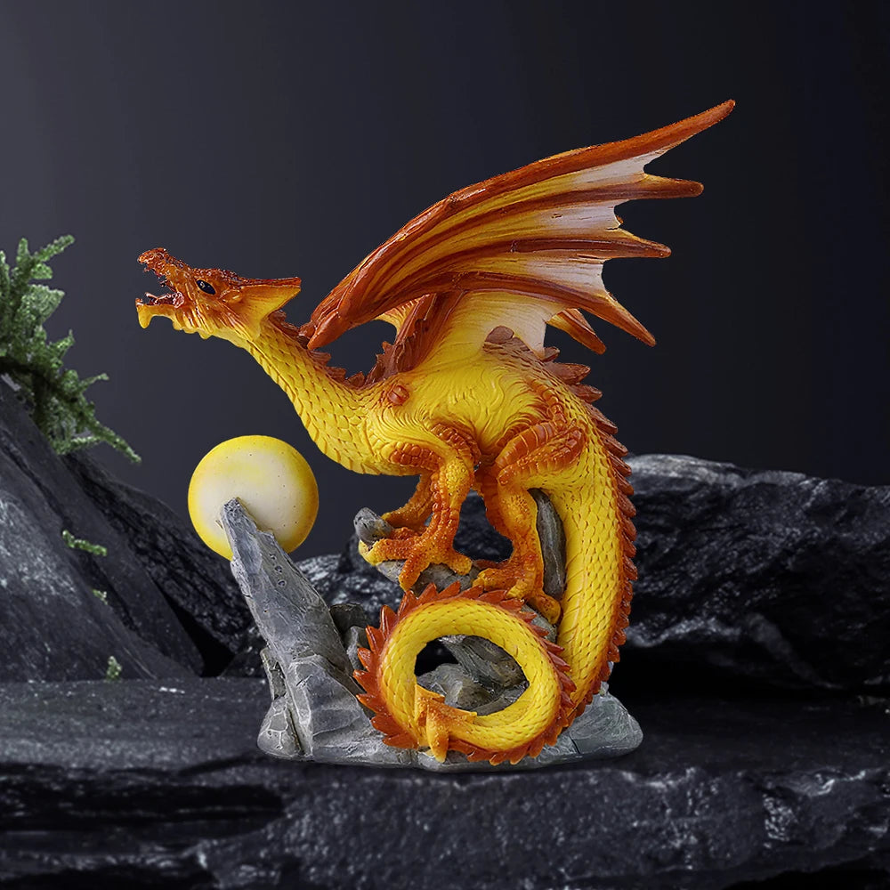 US Stock Fire Dragon with Flaming Ball Resin Figurine, Mythical Creature Home Decor - Daisan Mart