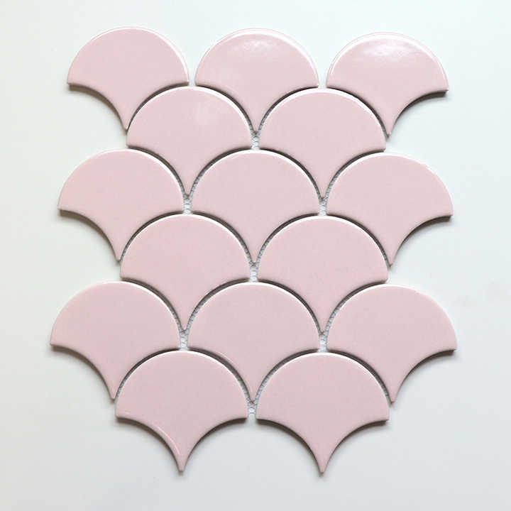Balcony wall decoration light pink fan shape porcelain mosaic tile design 