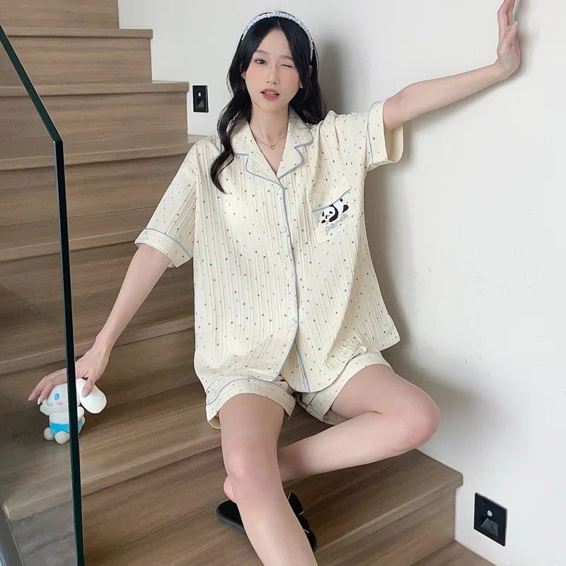 Bộ Đồ Ngủ Nữ Hè Cotton Kẻ Sọc Nơ Dễ Thương