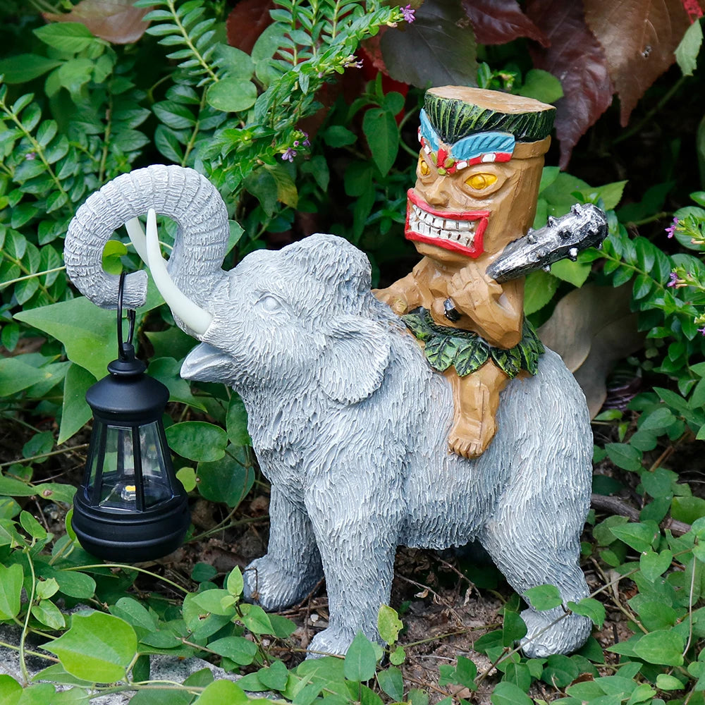 Tiki-Themed Resin Elephant Statue Lantern-Adorned Figurine Artful Garden Outdoor Display Home Decor Animal Flower Rabbit