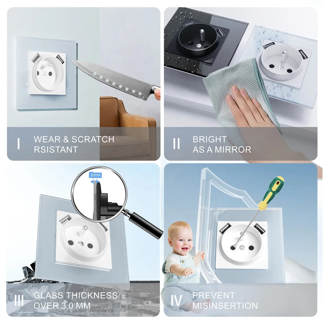 Ổ Cắm Kính Châu Âu USB Nhanh 240V A+A DC5V 2.1A