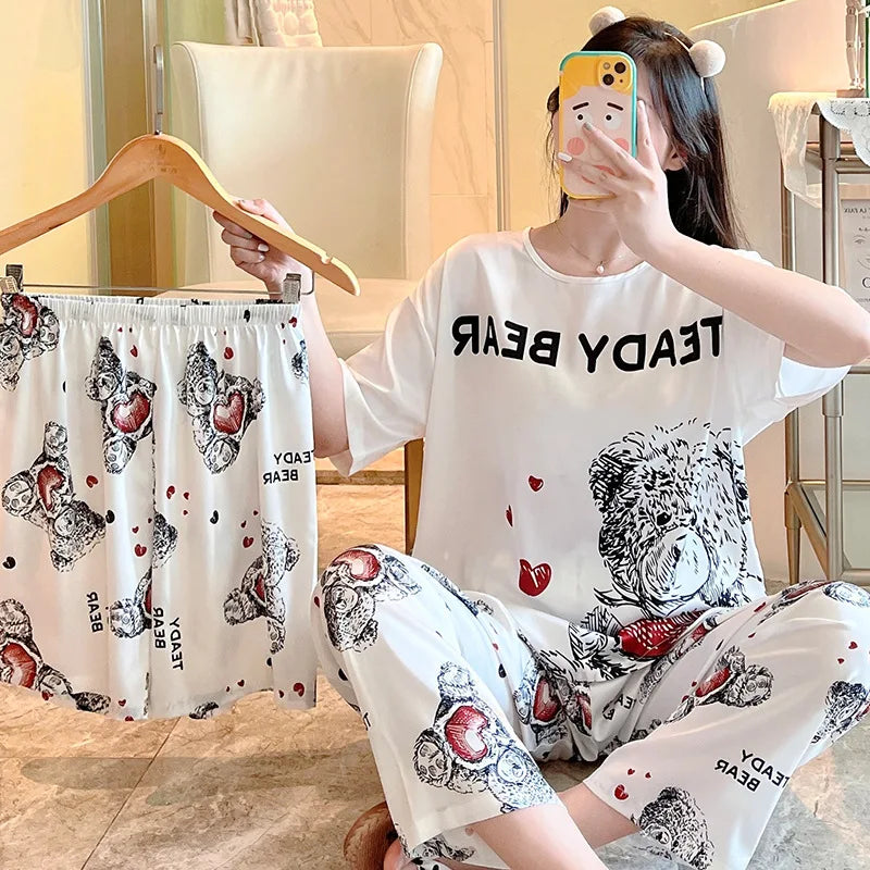 3-Piece Cool Silk Pajamas Set for Women with Cute Patterns