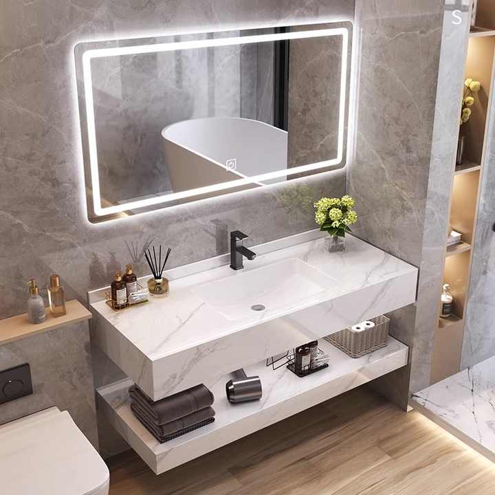 Modern high quality LED stone wash basin cabinet can be customized, hotel corner triangle mirror cabinet, lavabo cabinet 