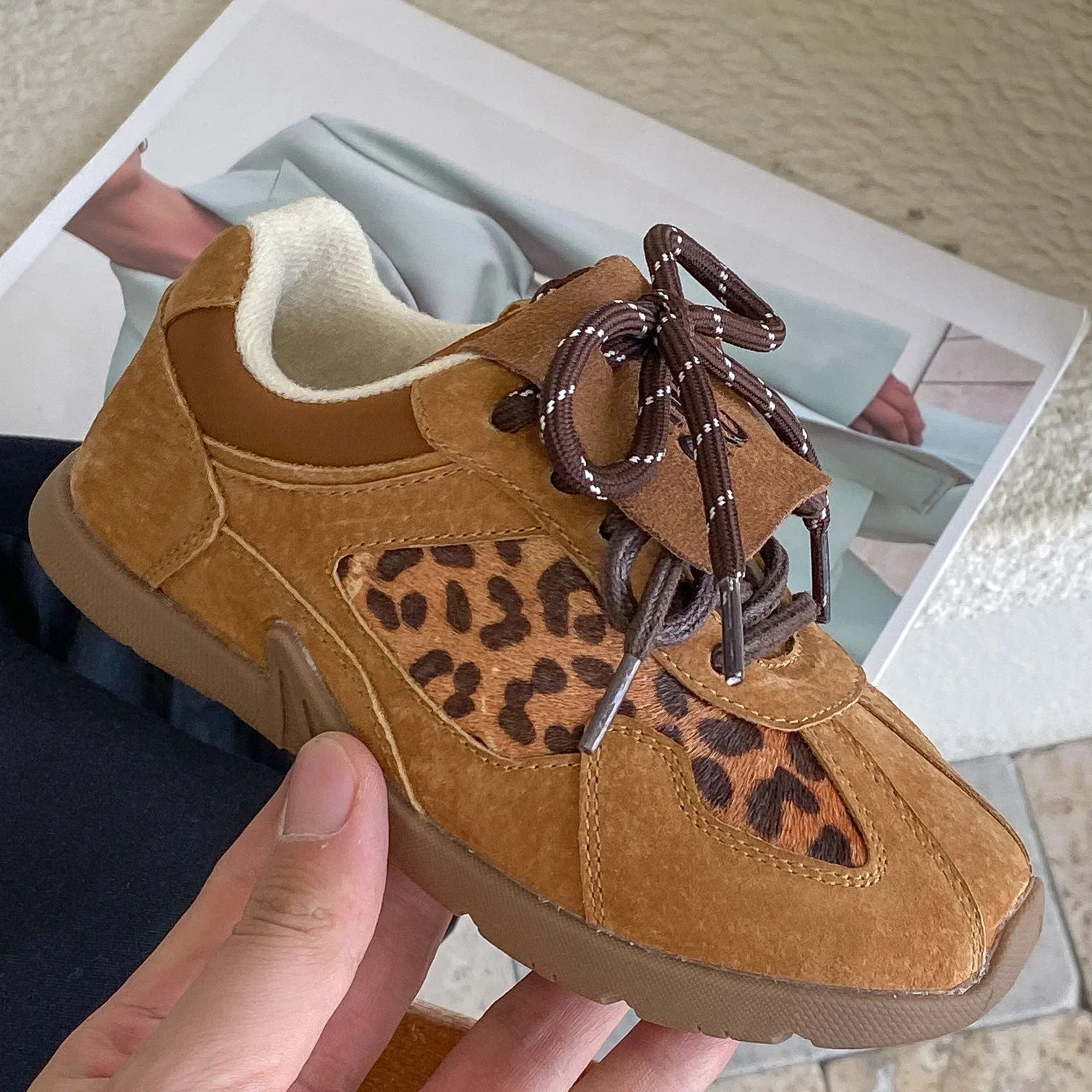 Winter Children's Boys Girls Leopard Brown Skateboarding Shoes Kids Toddler Letter Printed Flats Patchwork Streetwear Sneakers