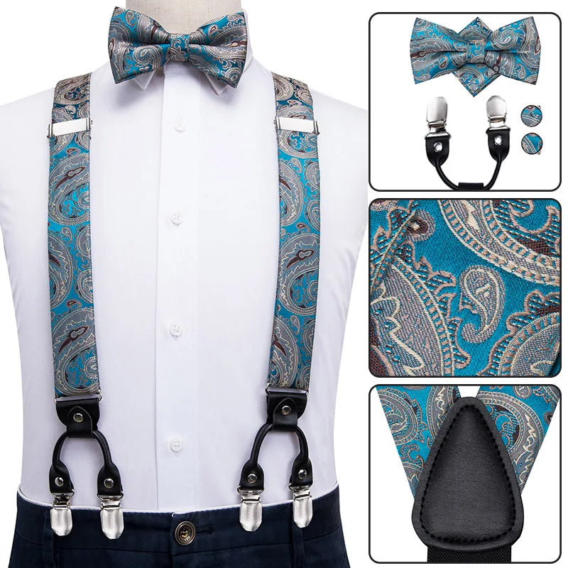 高品質男士紅色花朵絲綢皮革蝴蝶結及皮帶套裝，含6個夾子